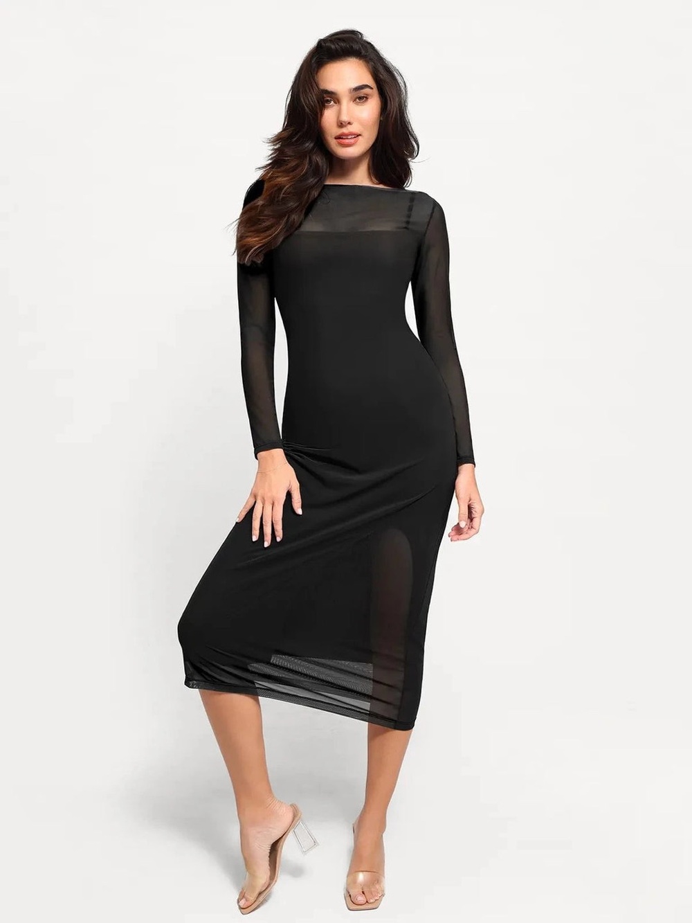 Sleek Black Sheer-Panel Long Sleeve Midi Dress